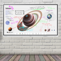 A white, brick wall with a TV screen showing planets hanging on it. 