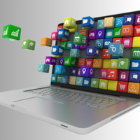 Laptop screen filled with a grid of cubes filled with icons that are pulling off the screen. 